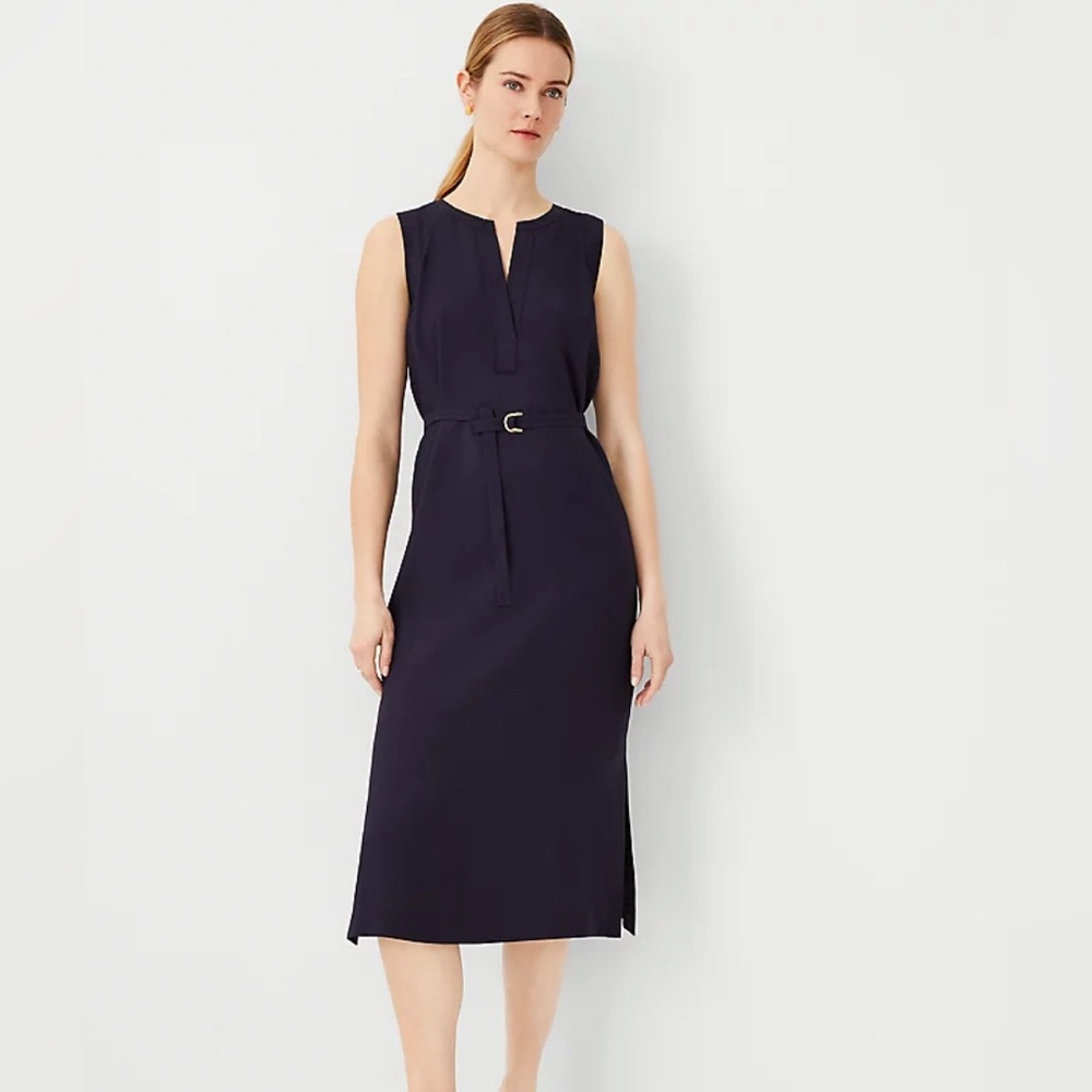 Ann Taylor Navy Split Neck Belted Midi Dress *New*